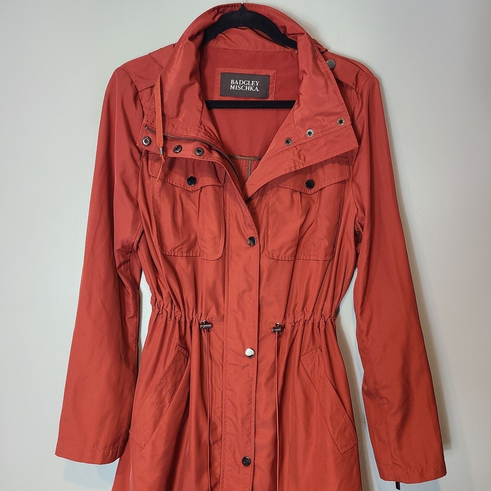 Badgley Mischka women coat‎ jacket hooded sz M $189 Rust Red Spring - Picture 2 of 12